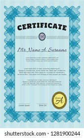 Light blue Certificate of achievement template. With complex background. Artistry design. Vector illustration. 