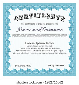Light blue Certificate of achievement template. Artistry design. Detailed. With linear background. 