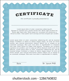 Light blue Certificate of achievement template. With guilloche pattern. Cordial design. Detailed. 