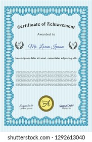 Light blue Certificate of achievement template. Complex background. Customizable, Easy to edit and change colors. Elegant design. 