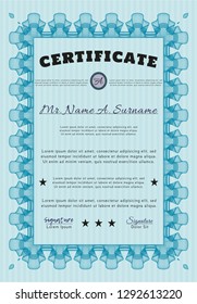 Light blue Certificate of achievement template. Nice design. Customizable, Easy to edit and change colors. Complex background. 