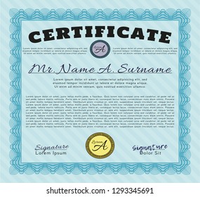 Light blue Certificate of achievement template. Money Pattern design. Detailed. With background. 