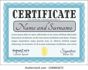 Light blue Certificate of achievement template. Vector illustration. With complex background. Money Pattern design. 