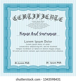 Light blue Certificate of achievement template. Artistry design. Detailed. With guilloche pattern. 
