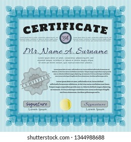 Light blue Certificate of achievement template. With guilloche pattern and background. Artistry design. Detailed. 