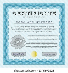 Light blue Certificate of achievement template. Money design. Vector illustration. With complex background. 