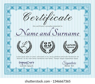 Light blue Certificate of achievement template. Excellent design. With complex background. Vector illustration. 