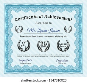 Light blue Certificate of achievement template. Printer friendly. Vector illustration. Money Pattern design. 