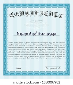 Light blue Certificate of achievement template. Excellent design. With background. Detailed. 