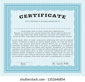 Light blue Certificate of achievement template. Retro design. Detailed. With guilloche pattern. 
