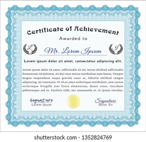 Light blue Certificate of achievement template. Complex background. Nice design. Detailed. 
