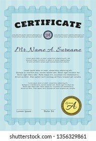 Light blue Certificate of achievement template. With guilloche pattern. Detailed. Excellent design. 