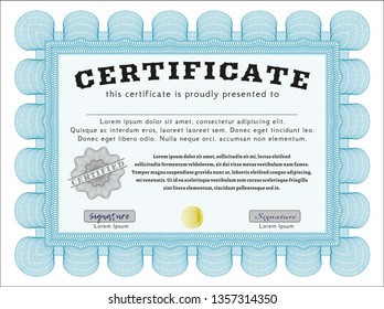 Light blue Certificate of achievement template. Artistry design. Easy to print. Vector illustration. 