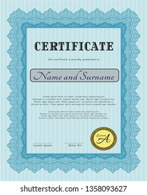Light blue Certificate of achievement template. Sophisticated design. Vector illustration. With great quality guilloche pattern. 