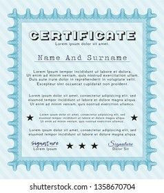 Light blue Certificate of achievement template. With great quality guilloche pattern. Excellent design. Vector illustration. 
