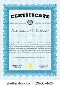 Light blue Certificate of achievement template. Money Pattern. With linear background. Detailed. 