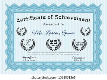Light blue Certificate of achievement template. Money design. Complex background. Customizable, Easy to edit and change colors. 