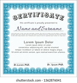 Light blue Certificate of achievement template. Easy to print. Customizable, Easy to edit and change colors. Artistry design. 