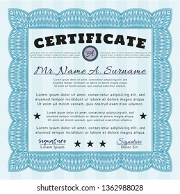 Light blue Certificate of achievement template. Artistry design. Detailed. Easy to print. 