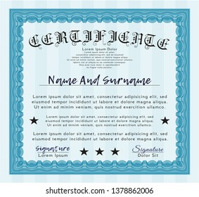 Light blue Certificate of achievement template. With complex linear background. Customizable, Easy to edit and change colors. Money style design. 