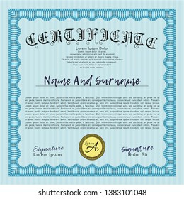 Light blue Certificate of achievement template. Excellent design. Customizable, Easy to edit and change colors. With complex linear background. 