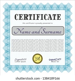 Light blue Certificate of achievement template. Vector illustration. With complex background. Superior design. 
