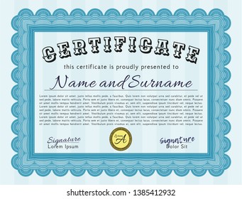 Light blue Certificate of achievement template. Perfect design. Vector illustration. With great quality guilloche pattern. 