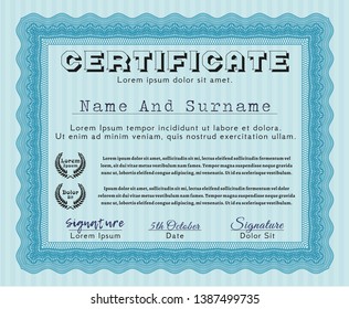 Light blue Certificate of achievement template. With background. Vector illustration. Money style design. 