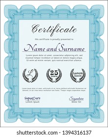 Light blue Certificate of achievement template. Modern design. Detailed. With complex linear background. 