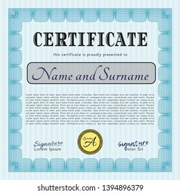 Light blue Certificate of achievement template. With guilloche pattern. Customizable, Easy to edit and change colors. Money Pattern design. 