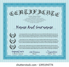 Light blue Certificate of achievement template. Detailed. With guilloche pattern and background. Money design. 
