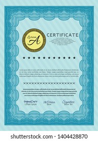 Light blue Certificate of achievement template. Complex background. Detailed. Superior design. 