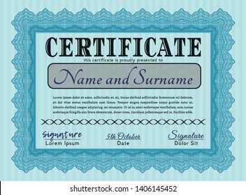 Light blue Certificate of achievement template. With complex background. Money Pattern design. Customizable, Easy to edit and change colors. 