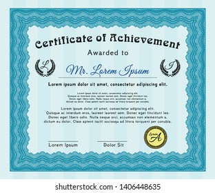 Light blue Certificate of achievement template. With linear background. Superior design. Vector illustration. 