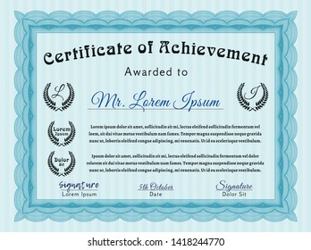 Light blue Certificate of achievement template. Vector illustration. With guilloche pattern and background. Retro design. 