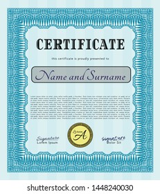 Light blue Certificate of achievement template. Money design. Detailed. Printer friendly. 