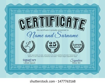 Light blue Certificate of achievement template. With background. Detailed. Elegant design. 