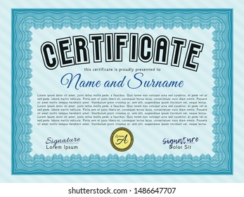 Light blue Certificate of achievement template. Excellent design. Customizable, Easy to edit and change colors. With complex background. 
