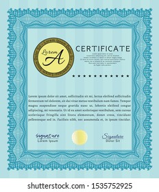 Light blue Certificate of achievement template. Vector illustration. Complex background. Lovely design. 