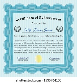Light blue Certificate of achievement template. Superior design. Complex background. Customizable, Easy to edit and change colors. 