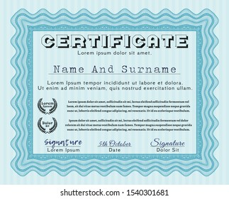 Light blue Certificate of achievement template. With quality background. Money Pattern design. Detailed. 
