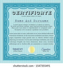 Light blue Certificate of achievement template. With complex linear background. Customizable, Easy to edit and change colors. Artistry design. 