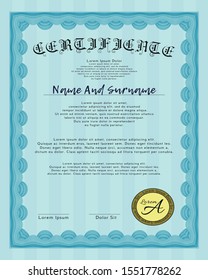 Light blue Certificate of achievement template. With quality background. Detailed. Money design. 