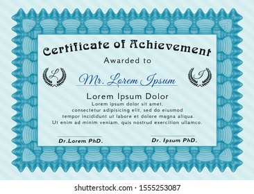 Light blue Certificate of achievement template. Money style design. Detailed. With great quality guilloche pattern. 