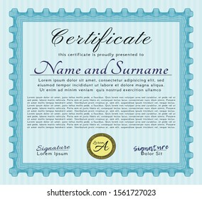 Light blue Certificate of achievement template. Sophisticated design. Detailed. With quality background. 