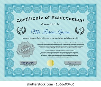 Light blue Certificate of achievement template. With background. Retro design. Detailed. 