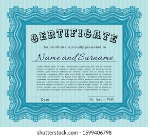 Light blue Certificate of achievement template. Lovely design. Detailed. Complex background. 