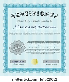 Light blue Certificate of achievement template. Artistry design. Detailed. With guilloche pattern and background. 