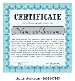 Light blue Certificate of achievement template. Nice design. Detailed. Complex background. 
