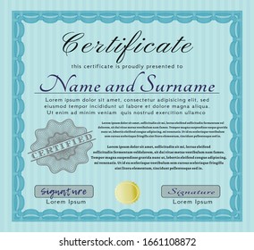 Light blue Certificate of achievement template. With background. Retro design. Vector illustration. 